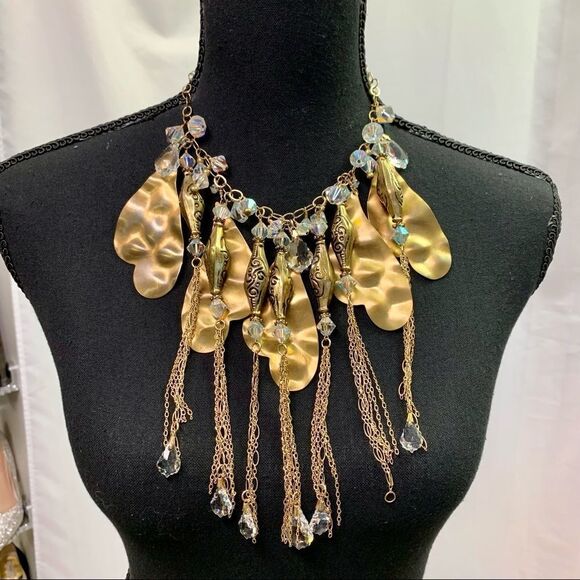 UNIQUE gold bronze brass chunky Swarovski crystal teardrop chain necklace - Picture 7 of 7